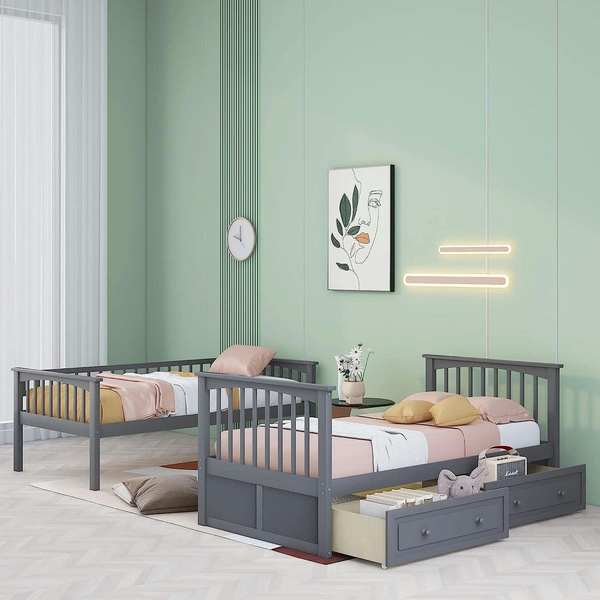 Grey Twin Bunk Bed With Storage Drawers Safety Rail