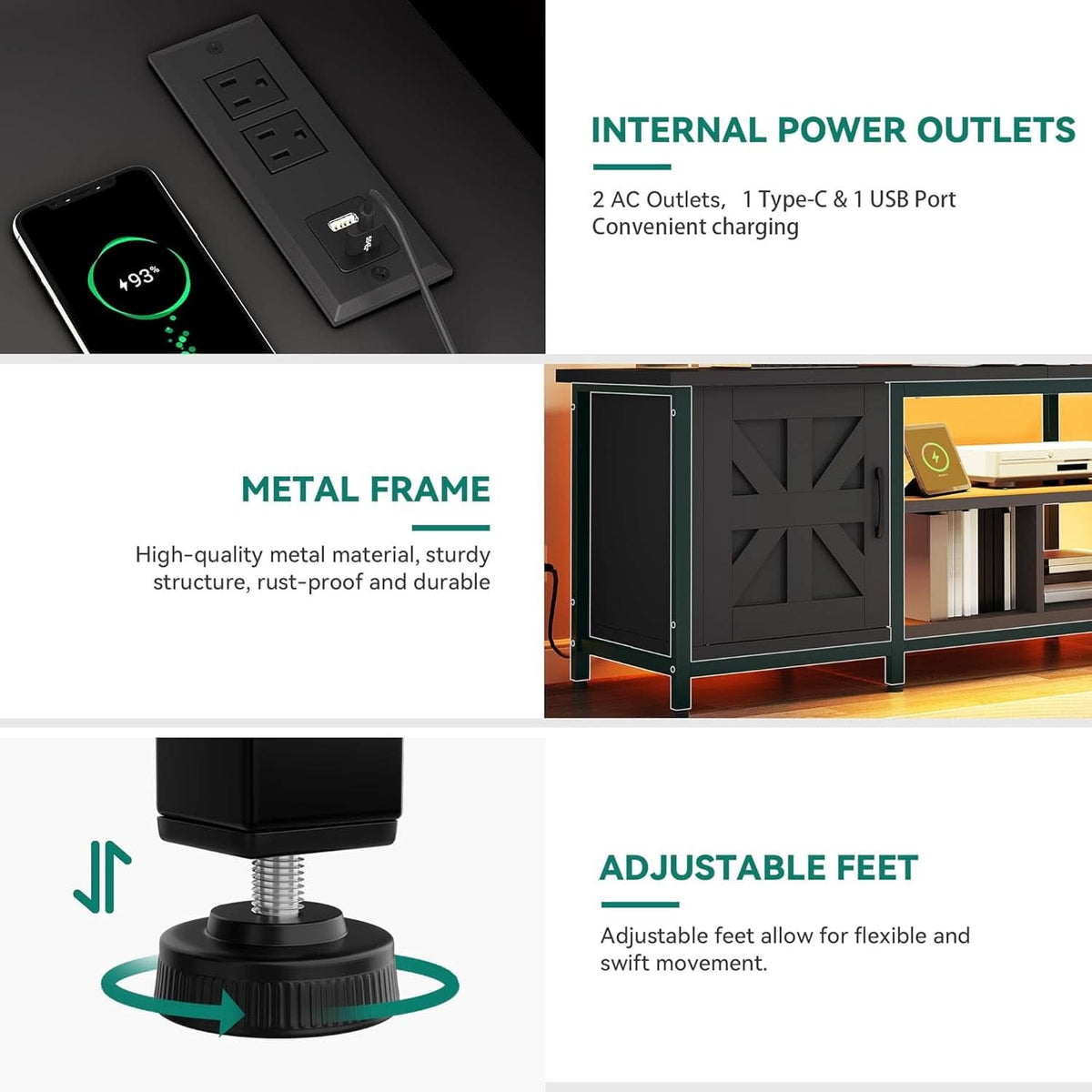 Black TV Stand With LED Lighting Entertainment Center