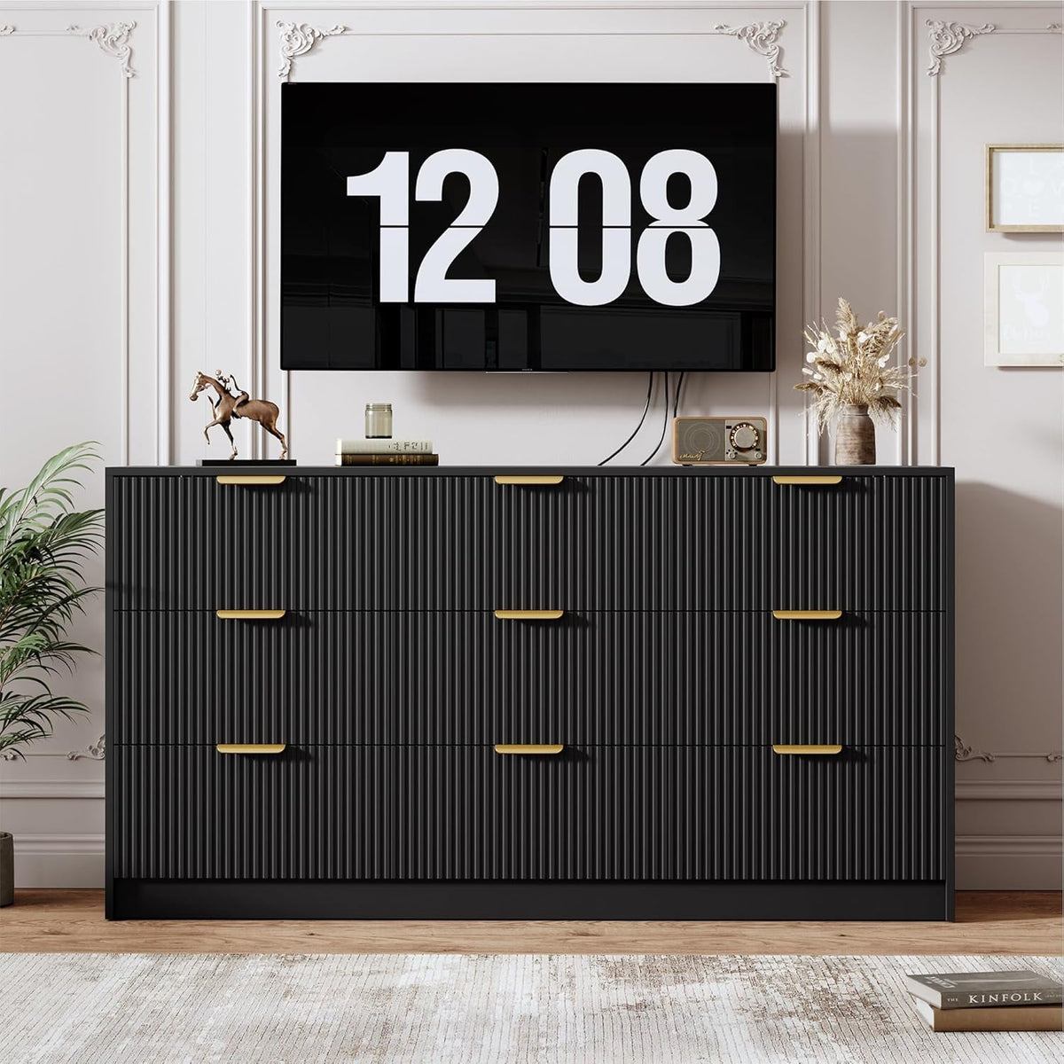 Multifunctional 59 Inches Wide Black Fluted Dresser