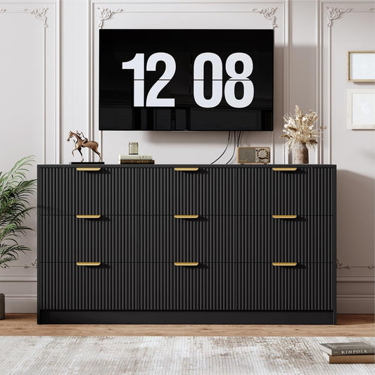 Multifunctional 59 Inches Wide Black Fluted Dresser