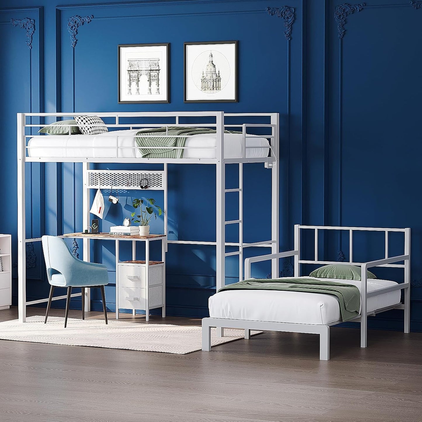 Twin Over Twin Metal Loft Bunk Bed With Desk LED Storage Drawers