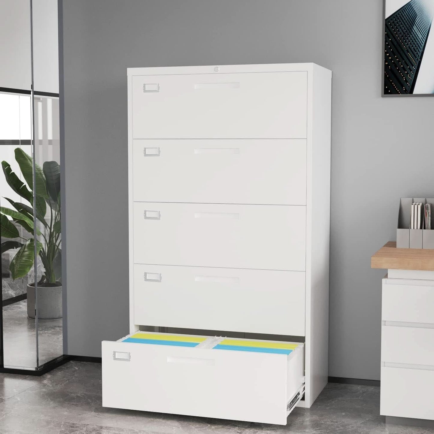 Lateral File Cabinet White 5 Drawer Lockable Office Storage