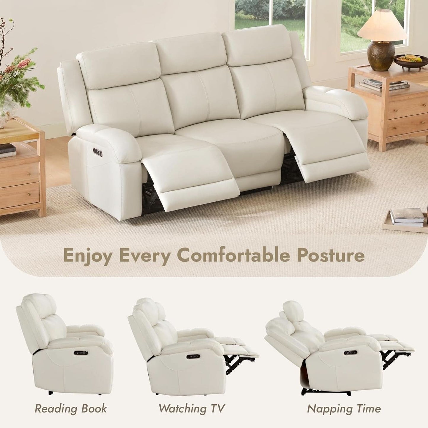 Genuine Leather Power Recliner Sofa Cream Upholstery