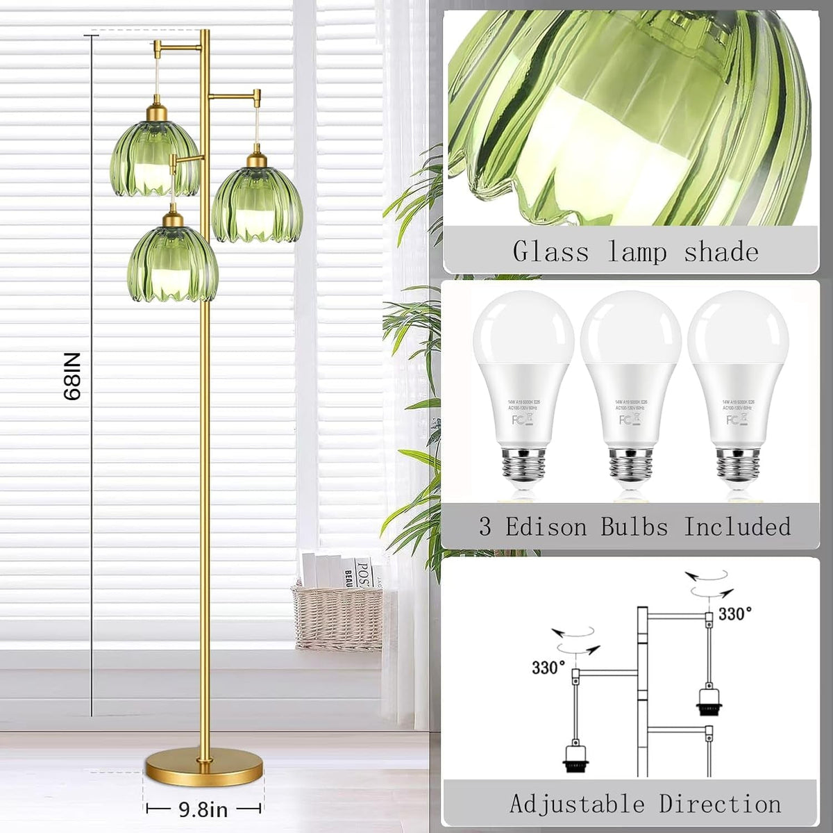 Elegant Gold Floor Lamp With Stained Glass Lamp shades