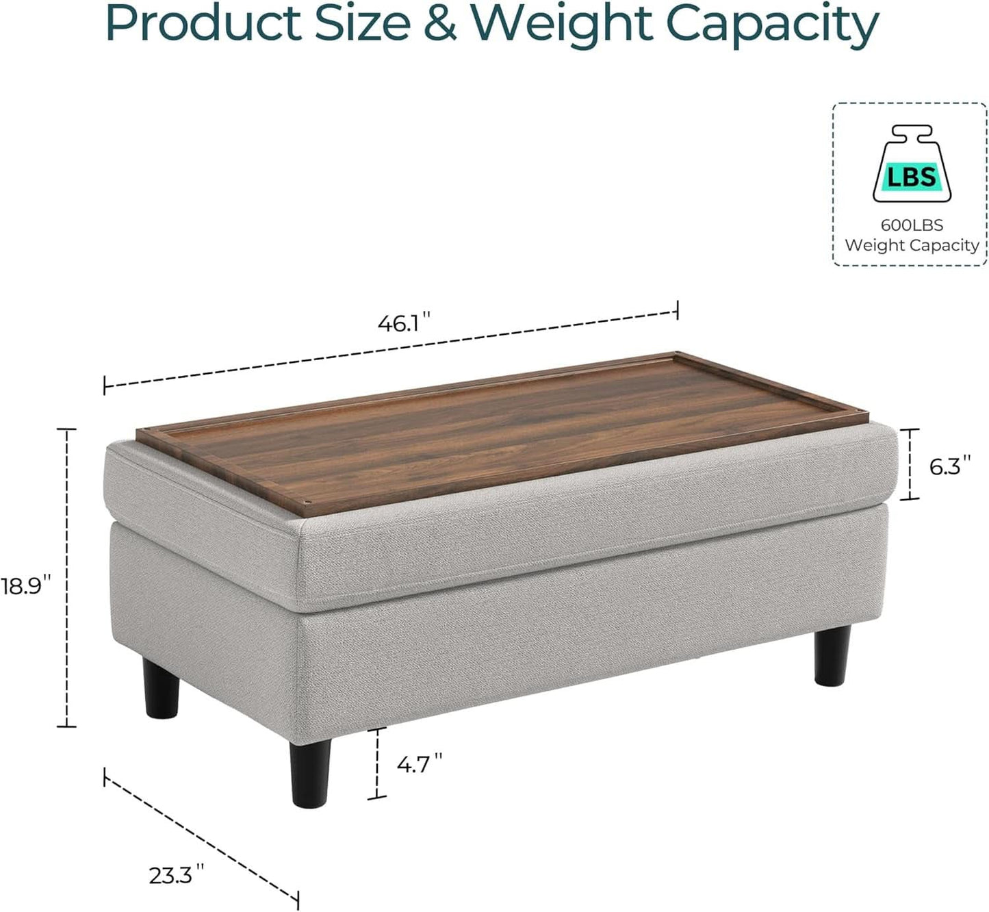 FortySixInch Grey Storage Ottoman Bench Upholstered Linen