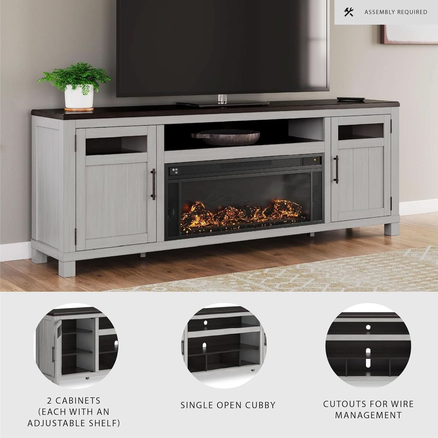 Darborn 88 Inch TV Stand Light Gray Dark Brown Electric Fire place-2