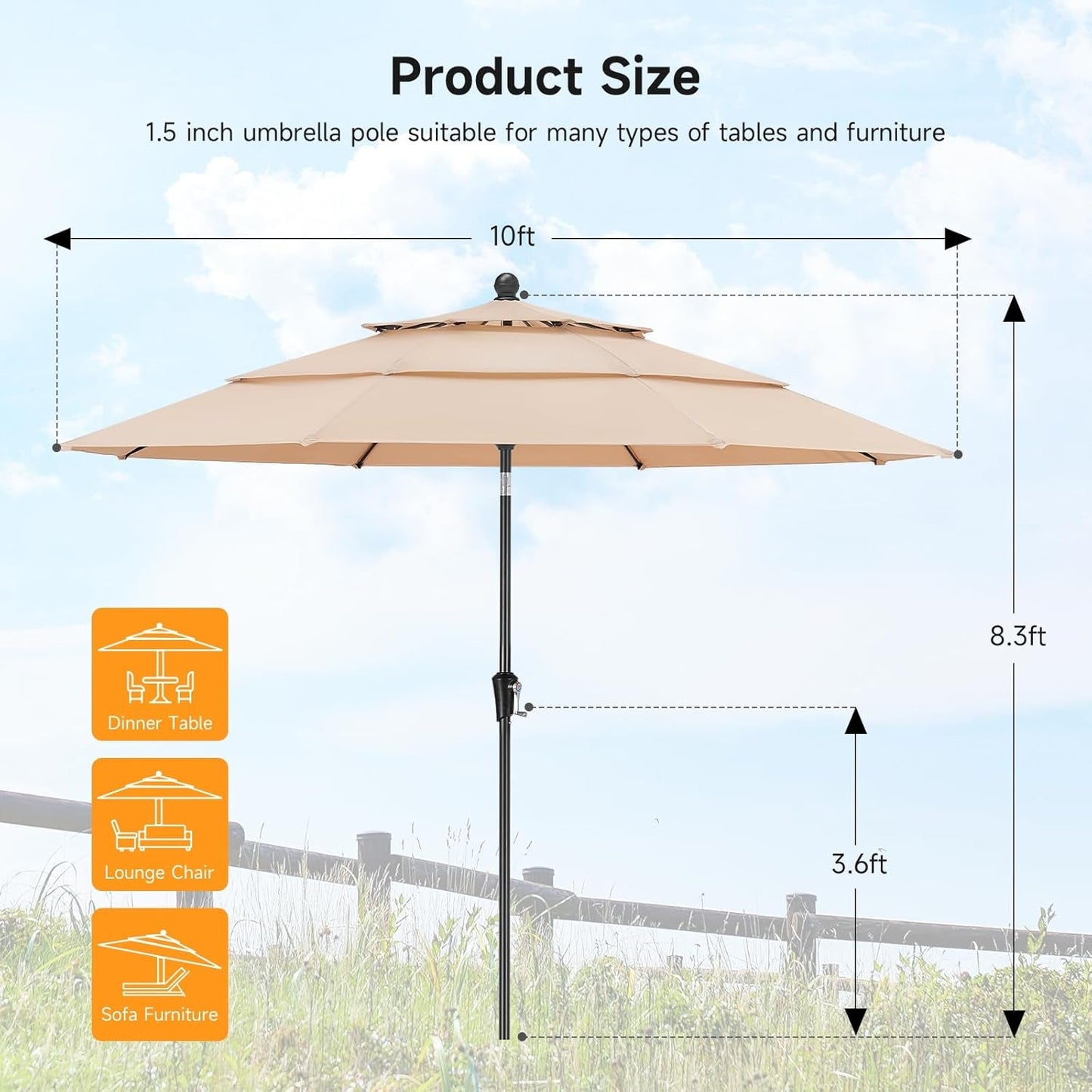 10Ft Champagne Fiberglass Ribs Patio Umbrella Push Button Tilt