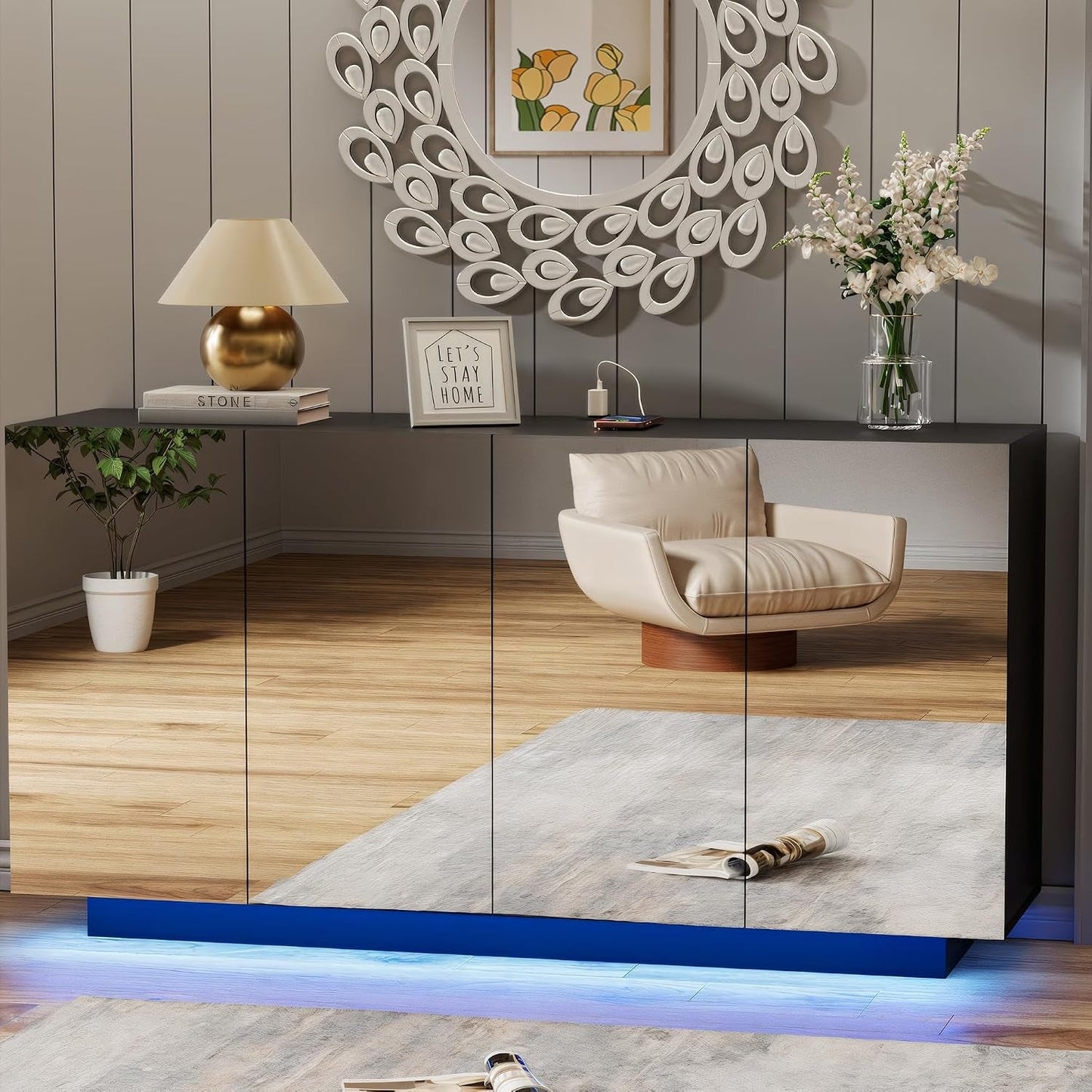 Black High Gloss Buffet Mirror Storage LED Charging