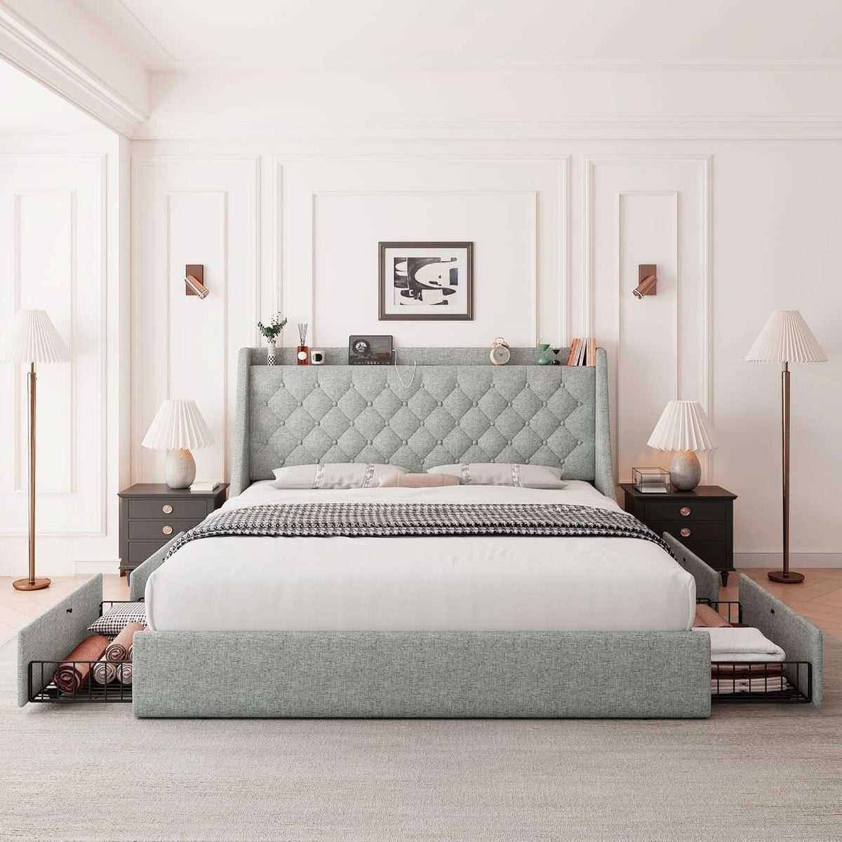 Full-Size Upholstered Bed Frame With Storage Drawers