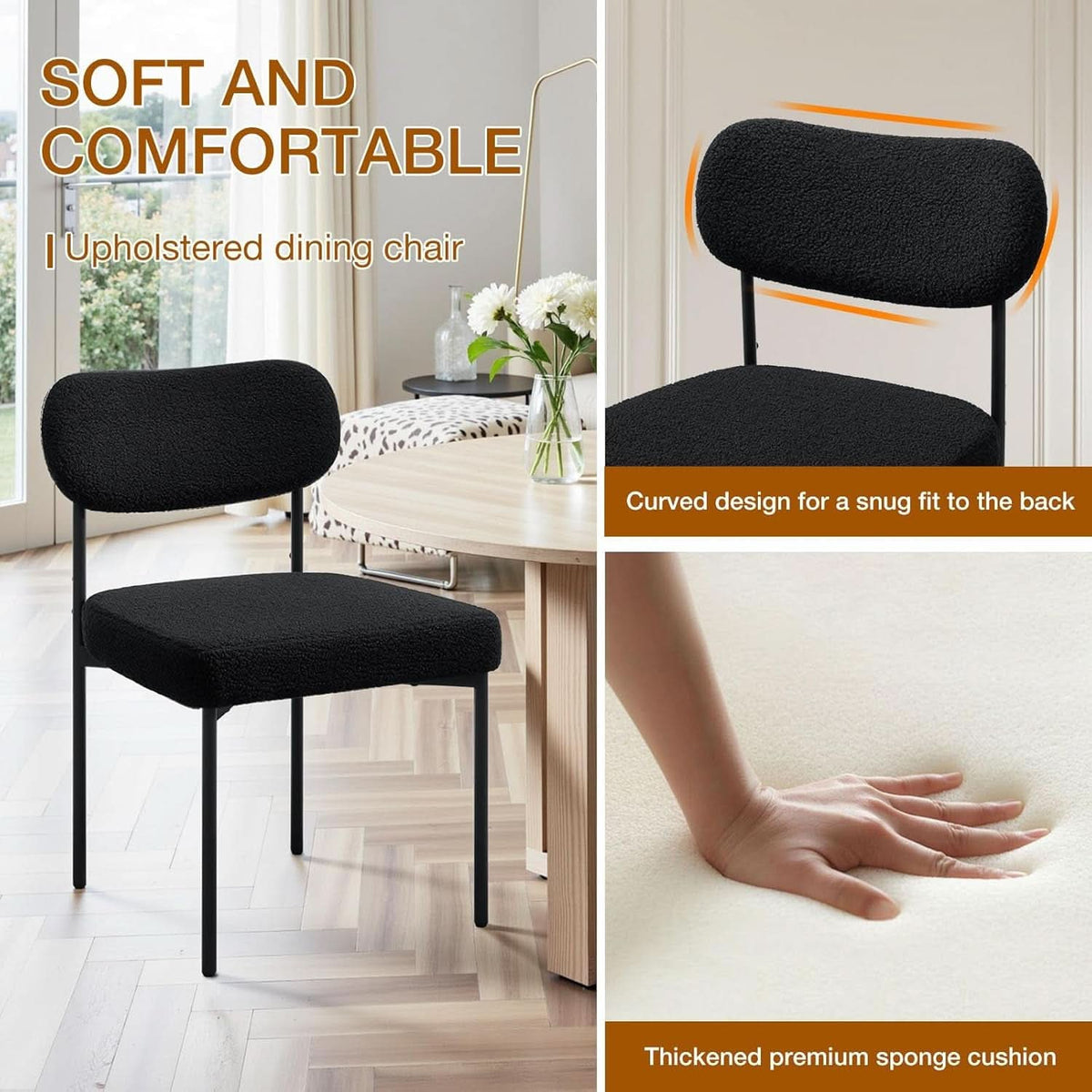Boucle Upholstered Dining Chairs Black Curved Back