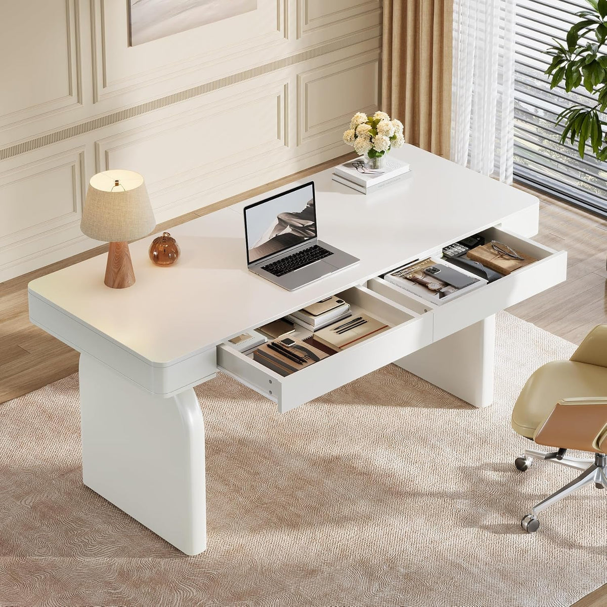 63 Inch White Desk With Drawers Modern Office Desk