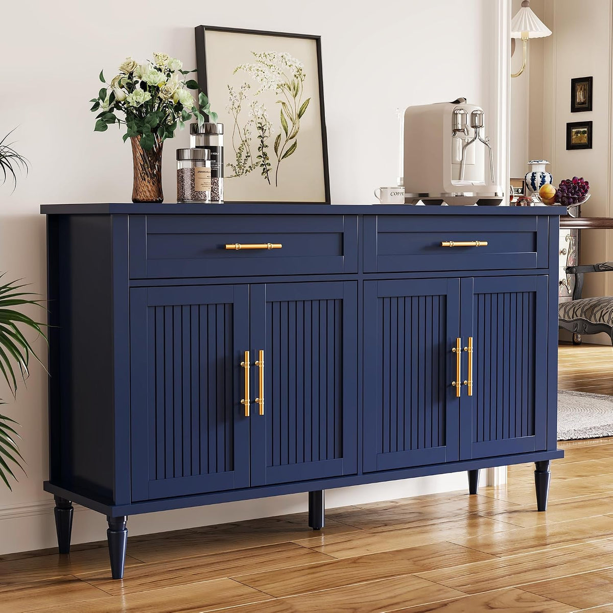 Contemporary Blue Fluted Sideboard Buffet Cabinet Storage