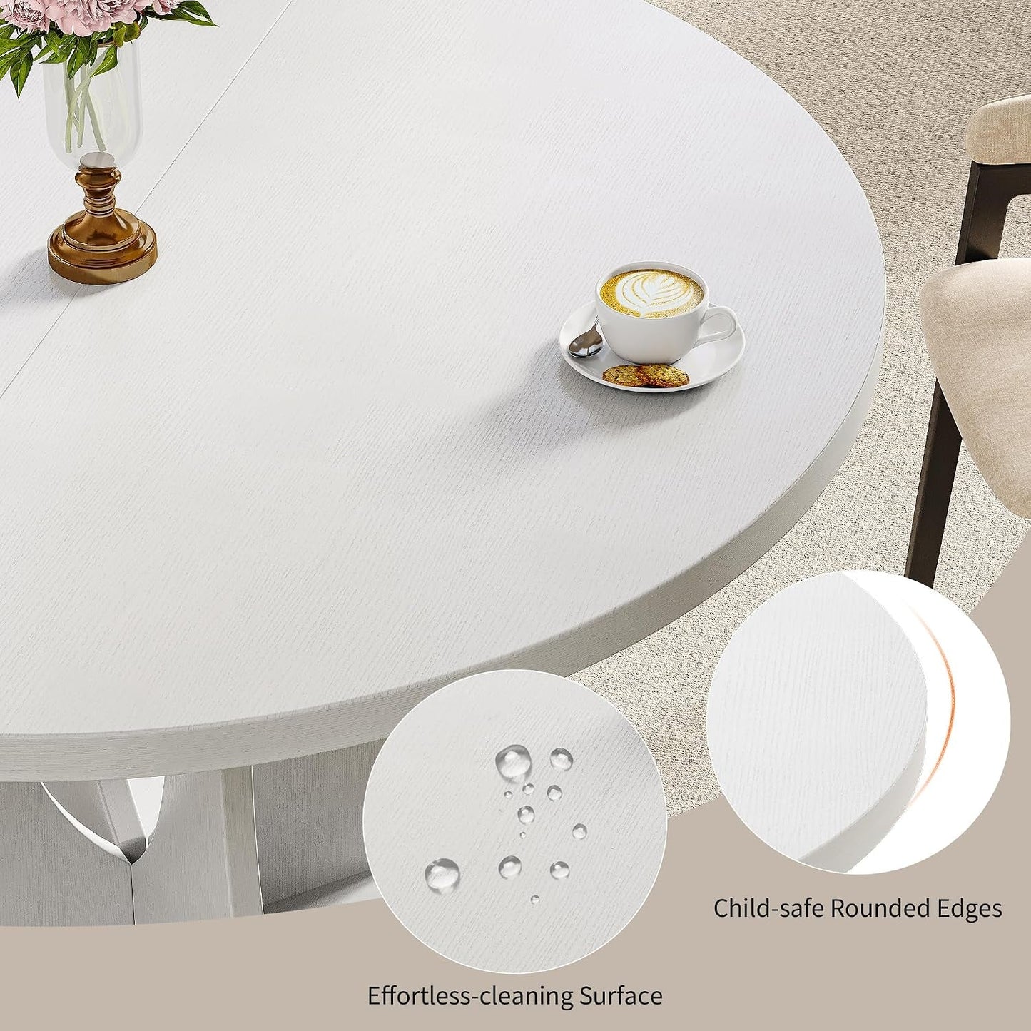 White Round Extendable Dining Table Pedestal Storage