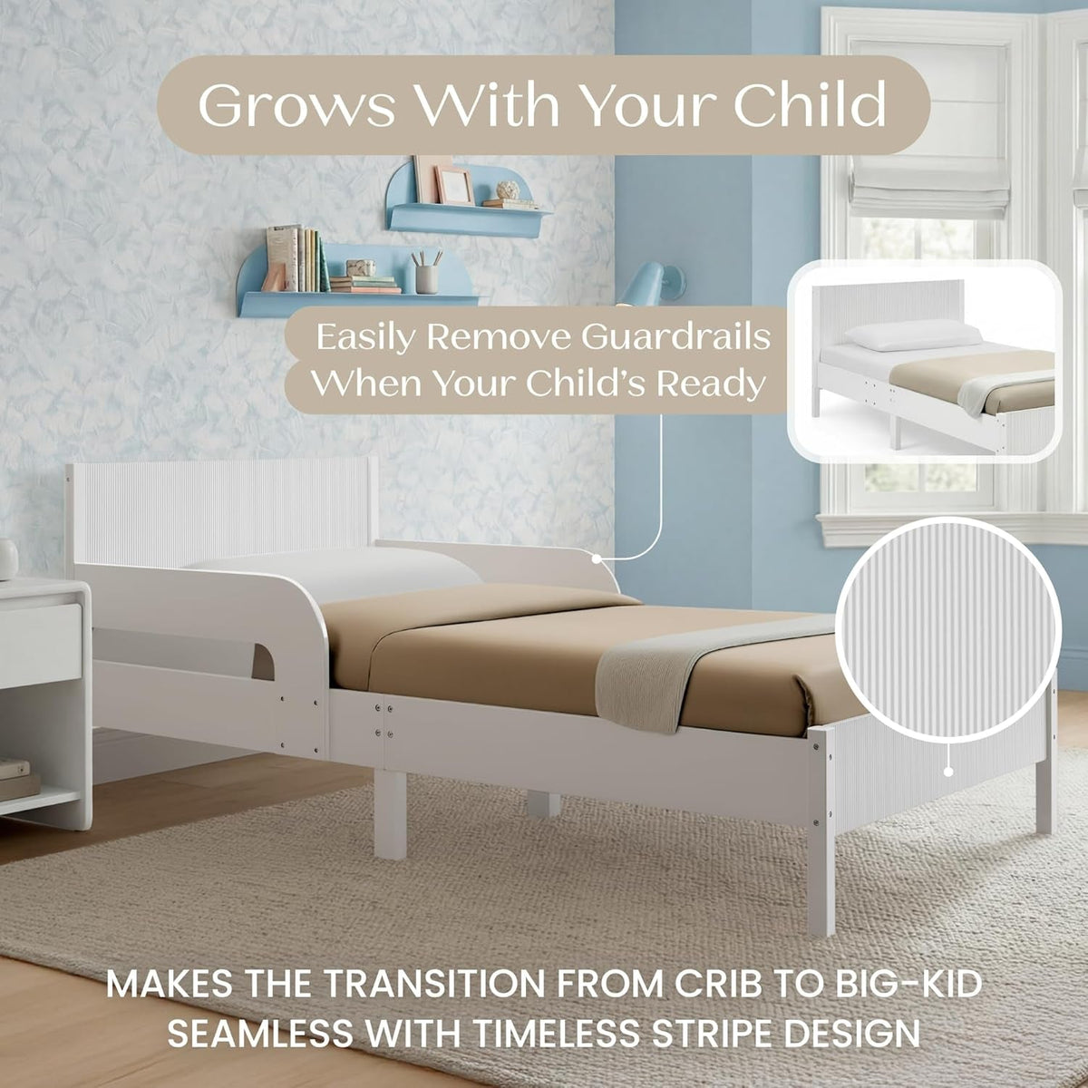Cora Wood Twin Bed Removable Guardrails System White