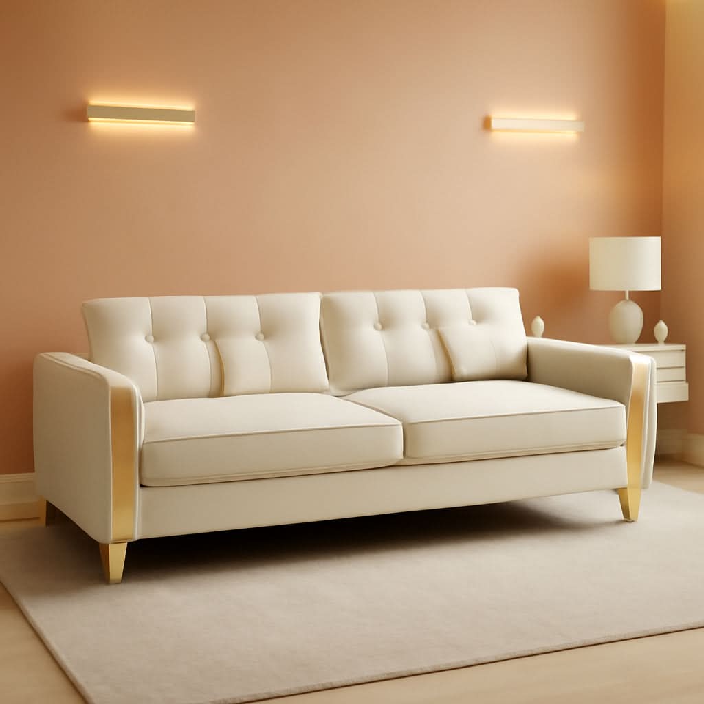 86 Inch Loveseat Sofa Set With Gold Metal Legs Beige Velvet Upholstery For Living Room-0