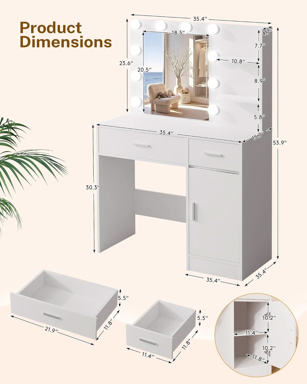 Luxurious White Vanity Desk Featuring Dimmable Mirror