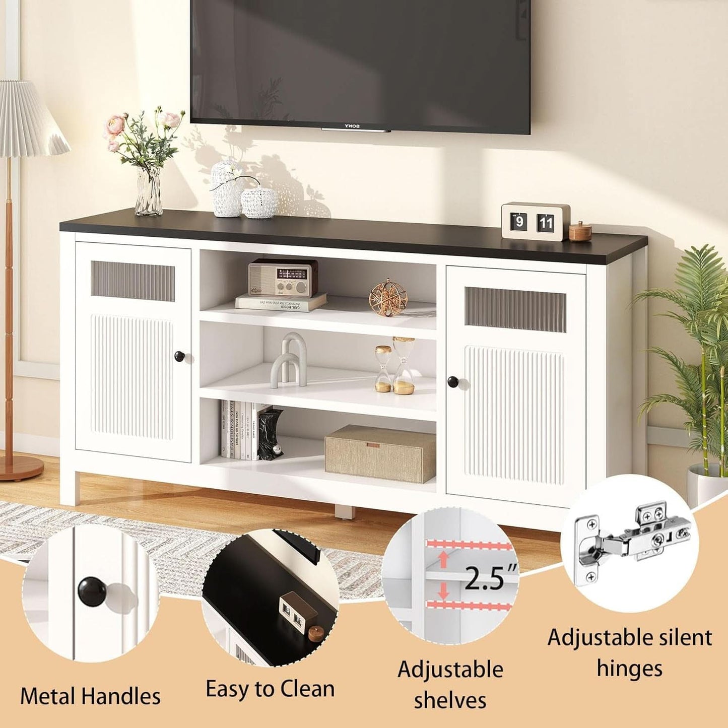White TV Stand 63 Inch Modern Hidden Storage Console