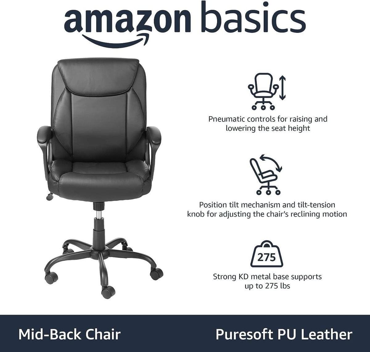Black PU Mid-Back Office Chair Height Adjustable Ergonomic-3