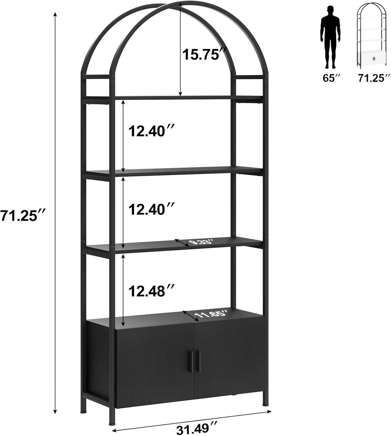 Arched Bookcase With Doors 71 Inch Industrial Black
