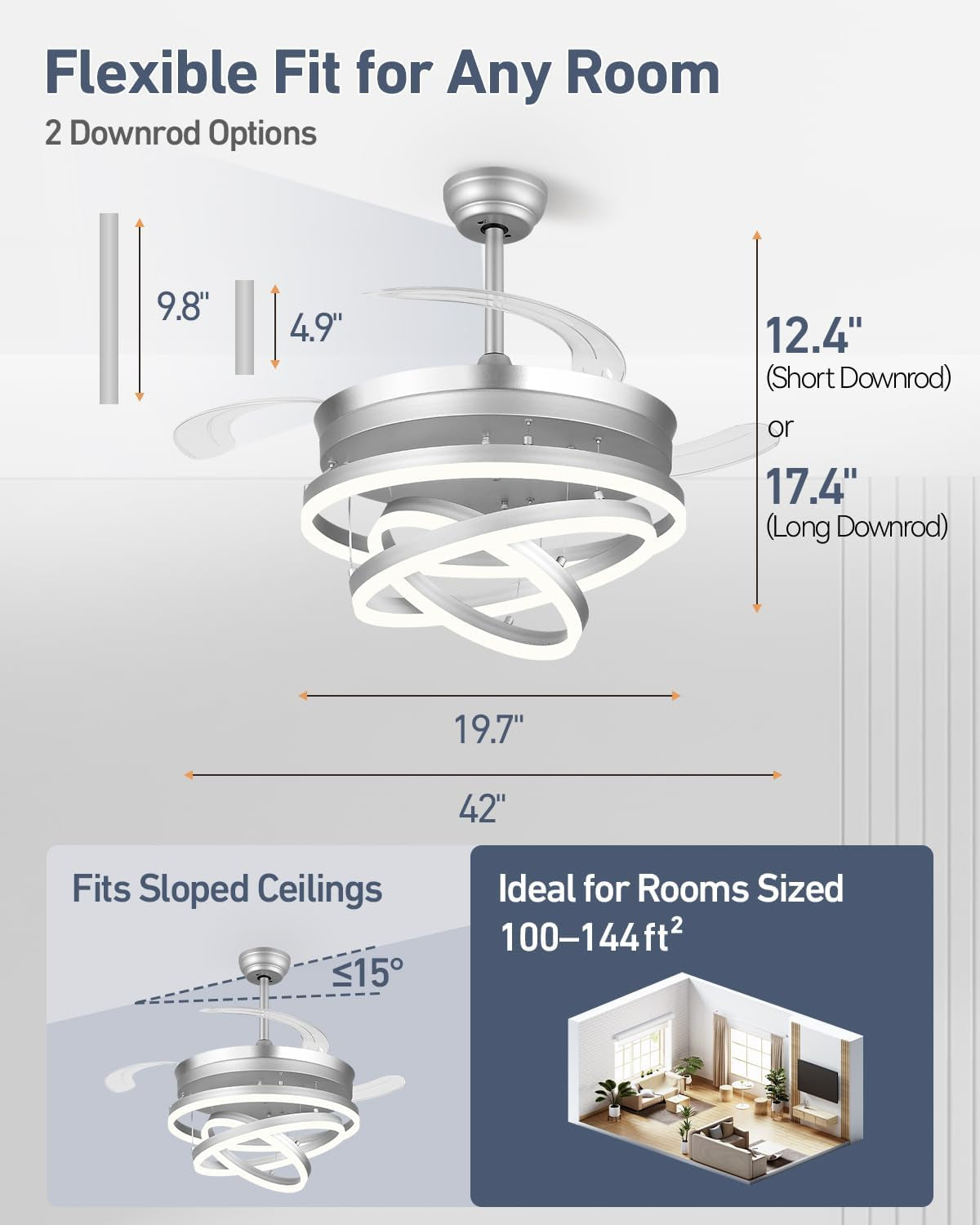 42 Inches Fandelier Retractable Ceiling Fan Silver