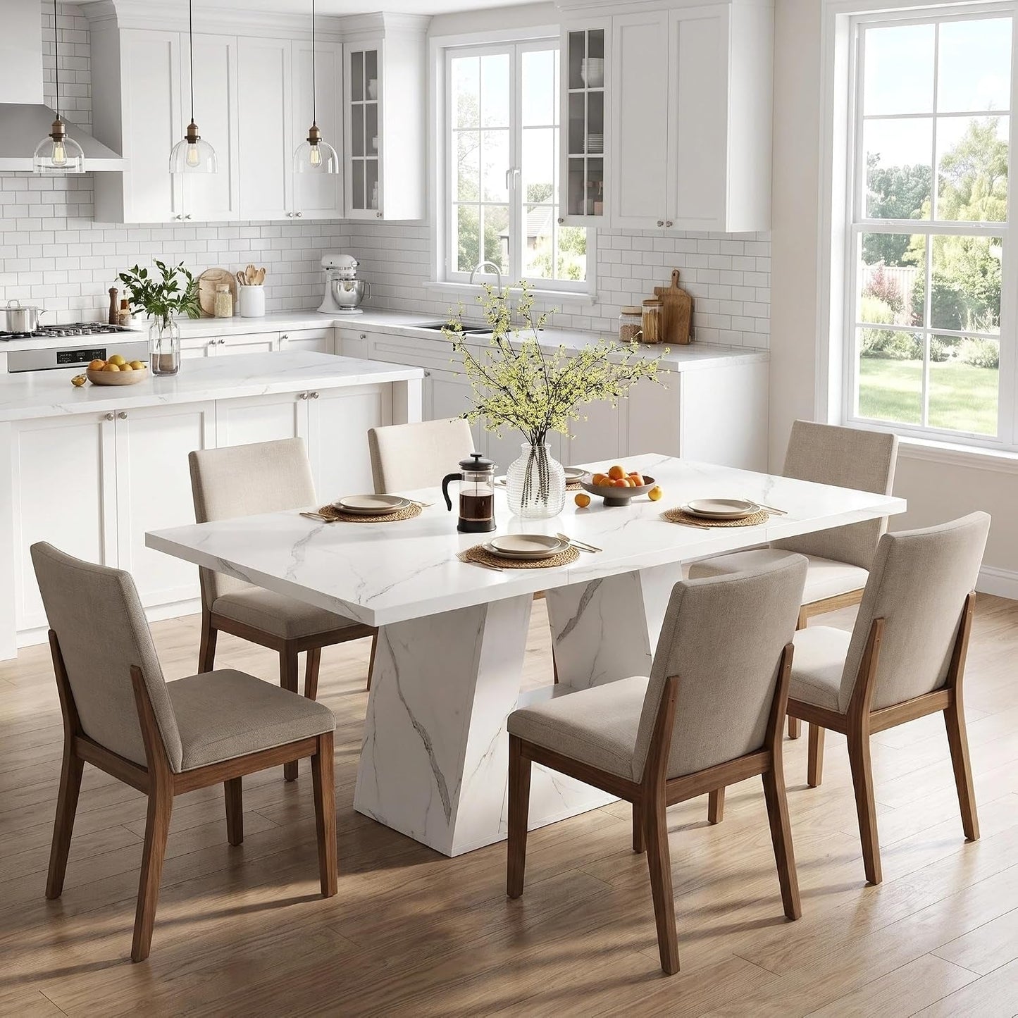White Faux Marble Rectangular Dining Table Pedestal