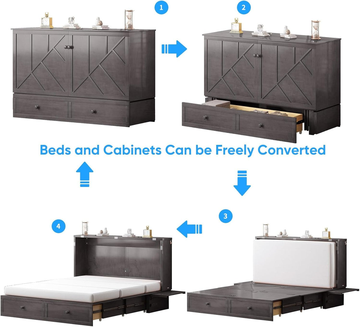 Gray Murphy Cabinet Bed Queen Multi Functional Mattress