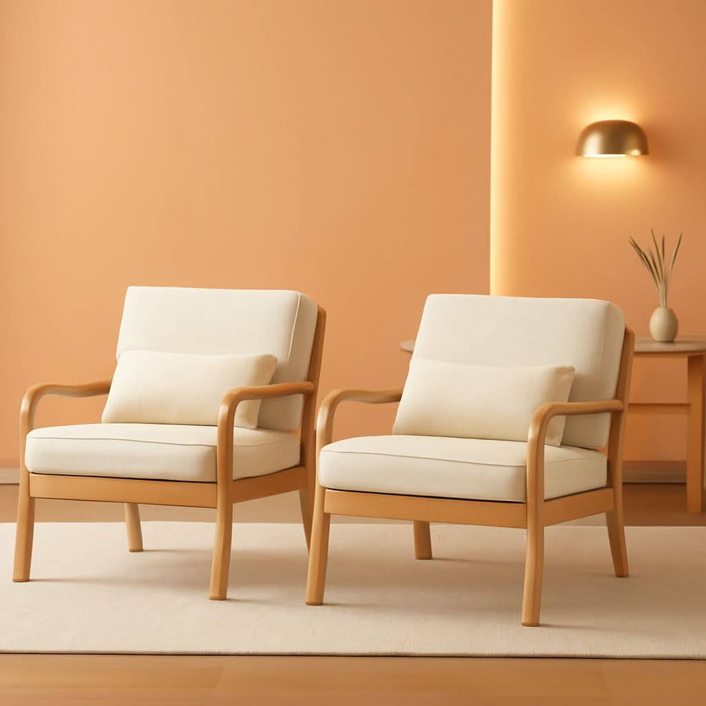 Beige Upholstered Accent Chairs With Lumbar Pillows-0