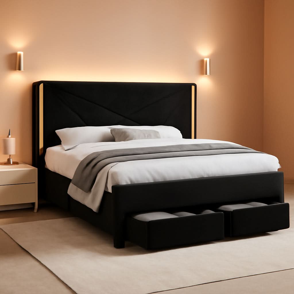 FullSize Velvet Upholstered Bed Frame With Drawers