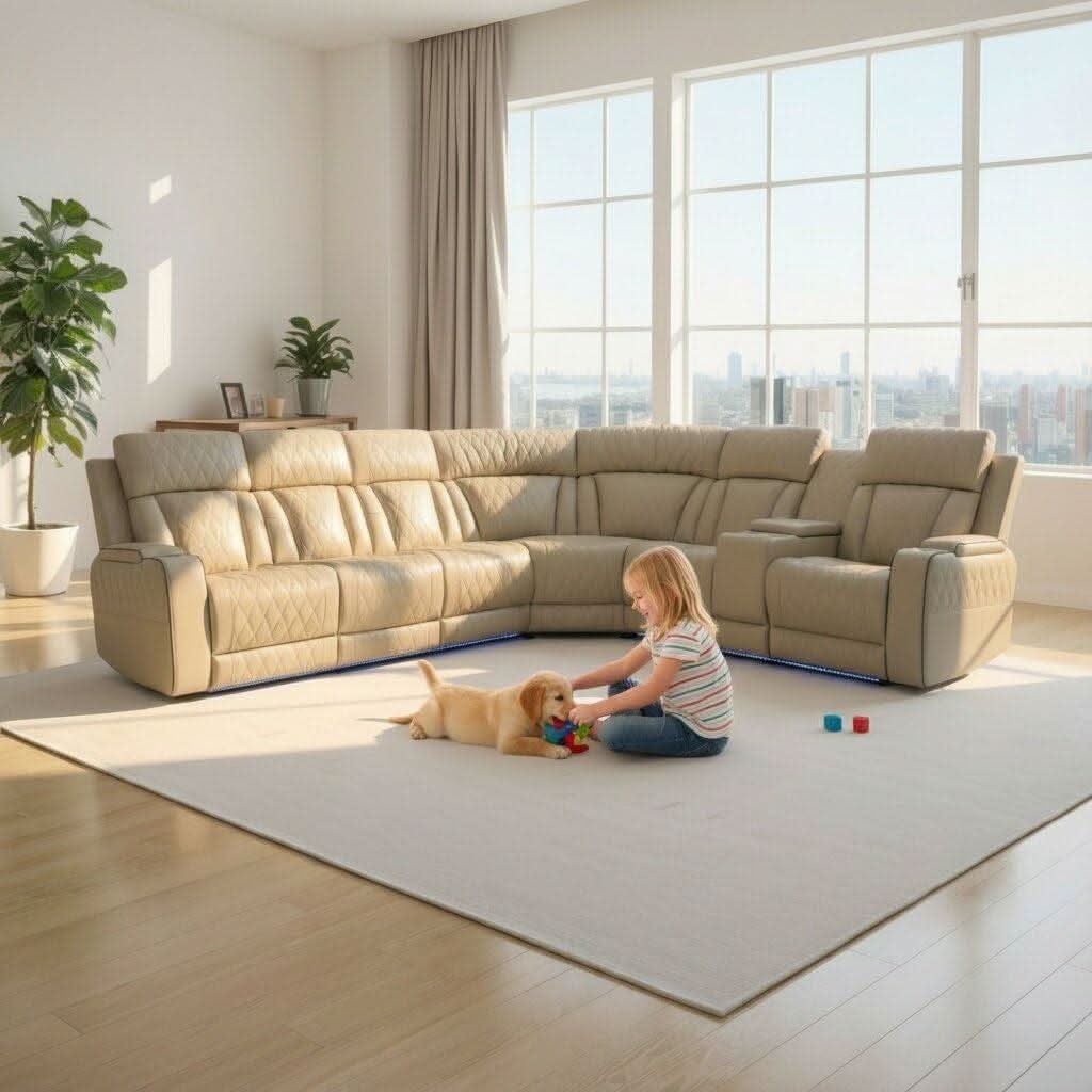 Beige Genuine Leather Power Recliner Sectional LED