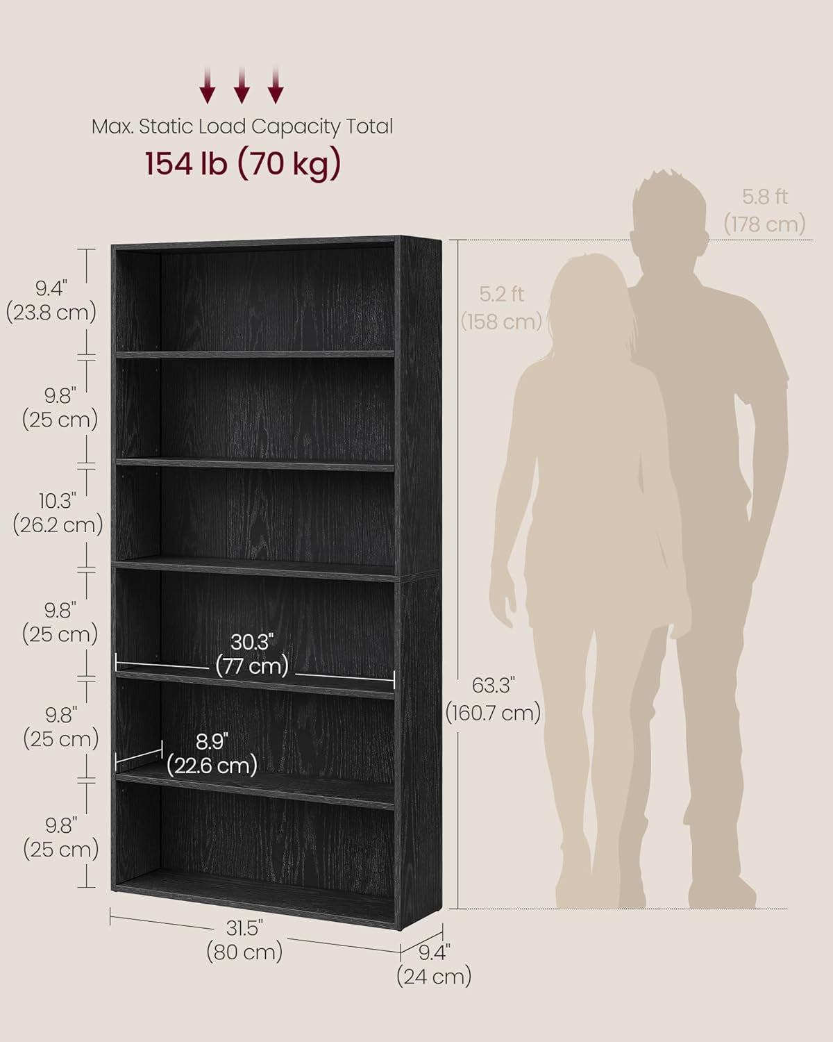 Ebony Black Freestanding Six Tier Bookcase Shelving