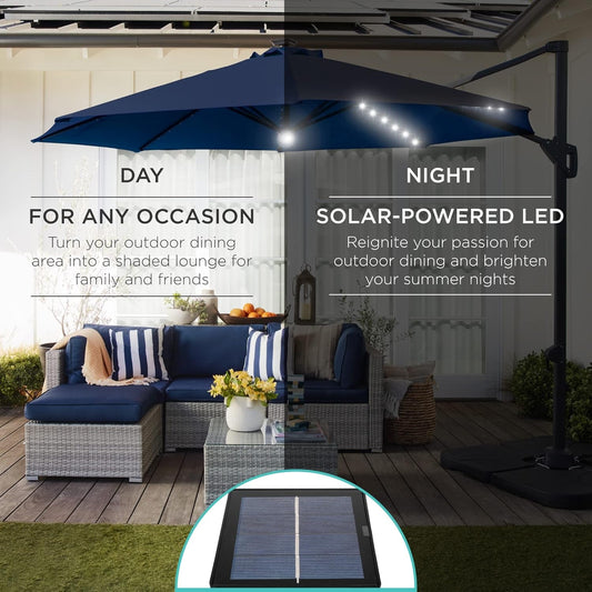Ten Ft Solar LED Cantilevered Patio Umbrella Navy Blue