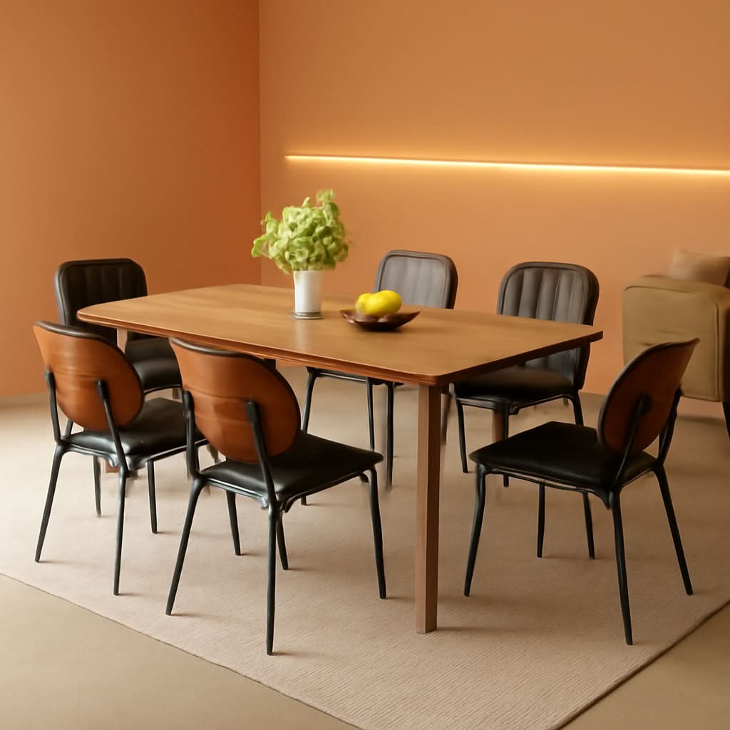 Set of 6 Black PU Leather Mid-Century Modern Dining Chairs with Walnut Back