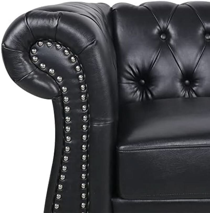 Three Piece Living Room Furniture Set With Faux Leather Chesterfield Sofa Club Chair And Loveseat In Black-3
