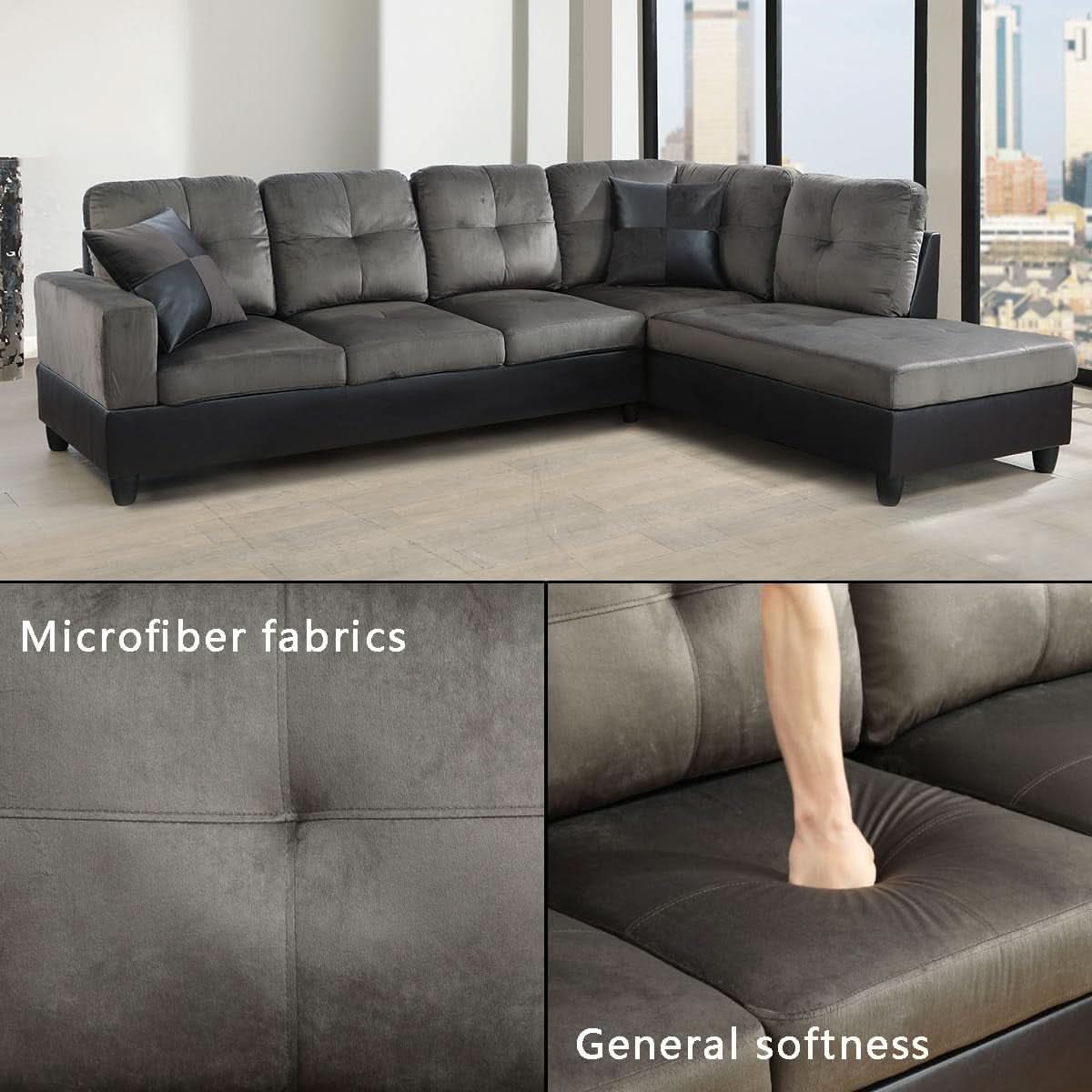 Two Piece L Shape Sectional Sofa Set With Chaise In Taupe Microfiber Right Hand Facing Living Room Furniture-3