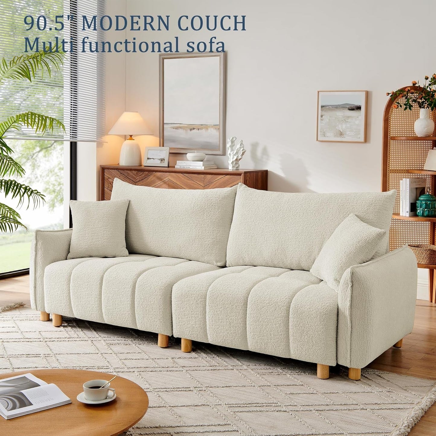 Cream Chenille Sleeper Sofa Bed With Expanded Storage