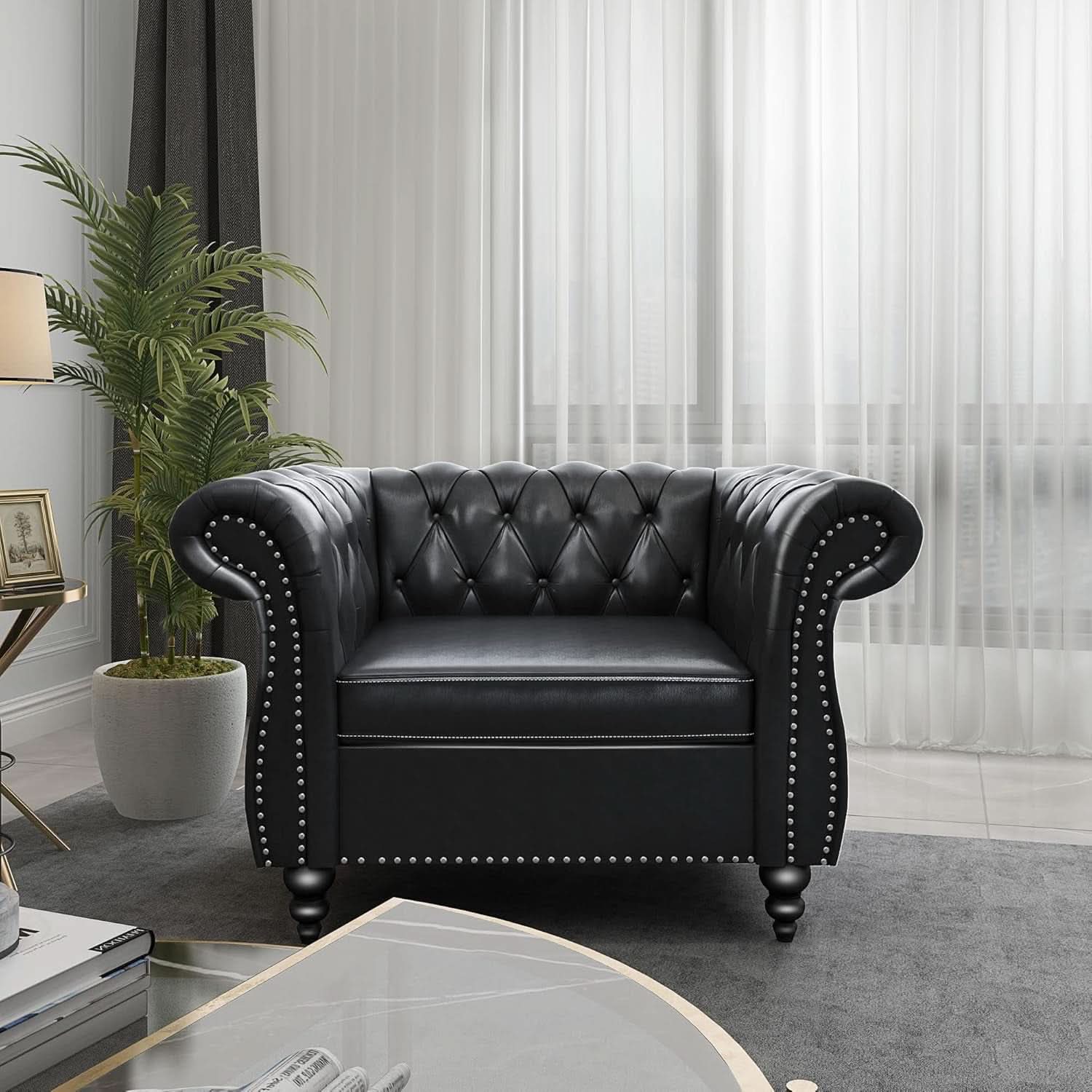 Two Piece Chesterfield Leather Living Room Set With Black Leather Loveseat And Chair-4