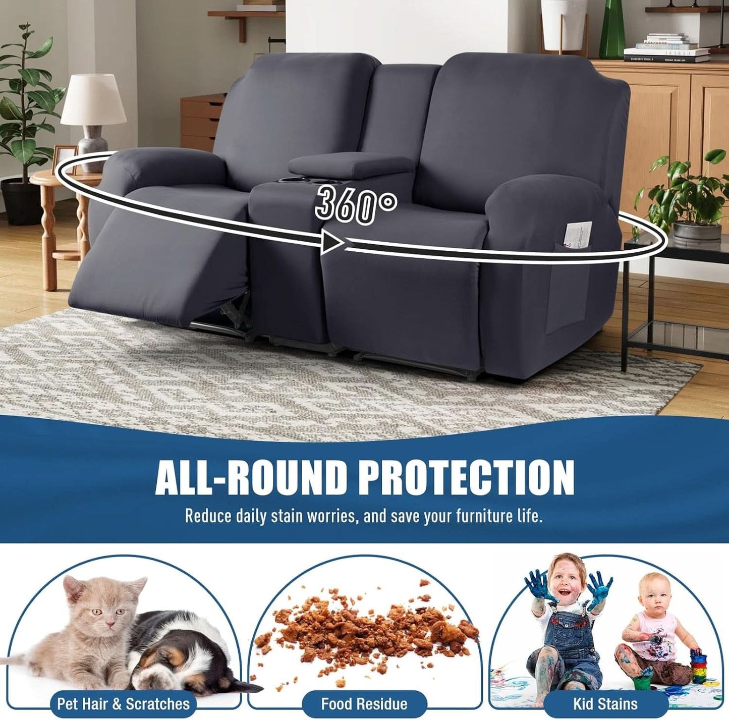 Dark Gray Loveseat Recliner Slipcover With Console