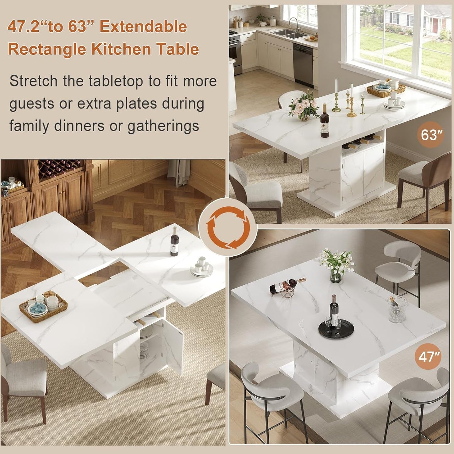 White Extendable Faux Marble Rectangular Dining Table