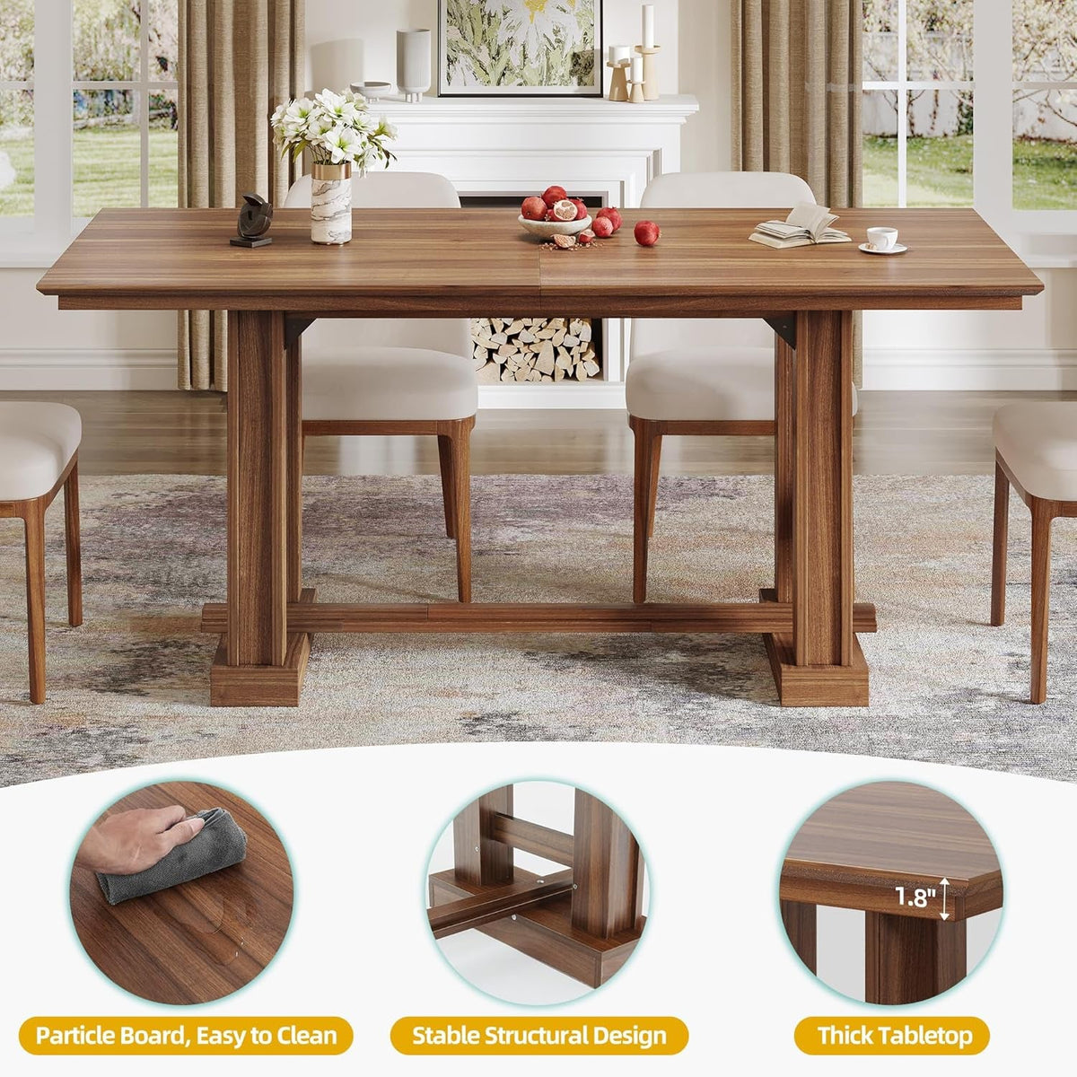 70-Inch Rustic-Style Farmhouse Dining Table Dark Walnut