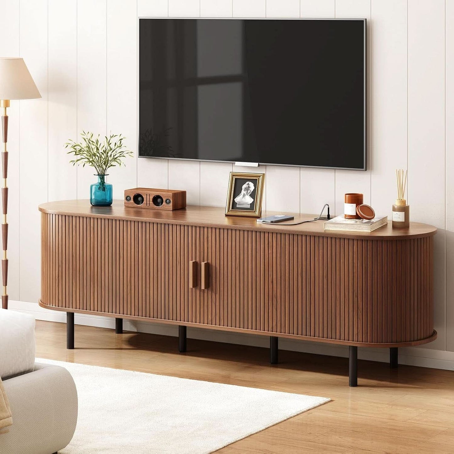 Walnut Seventy Inches TV Stand Sliding Doors Entertainment Center