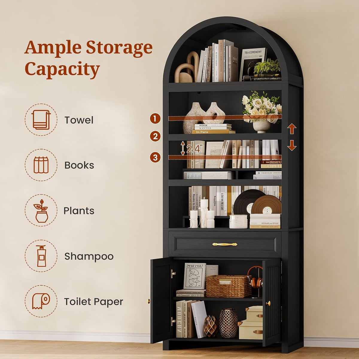 Modern Arched Black Bookcase With Adjustable Shelves