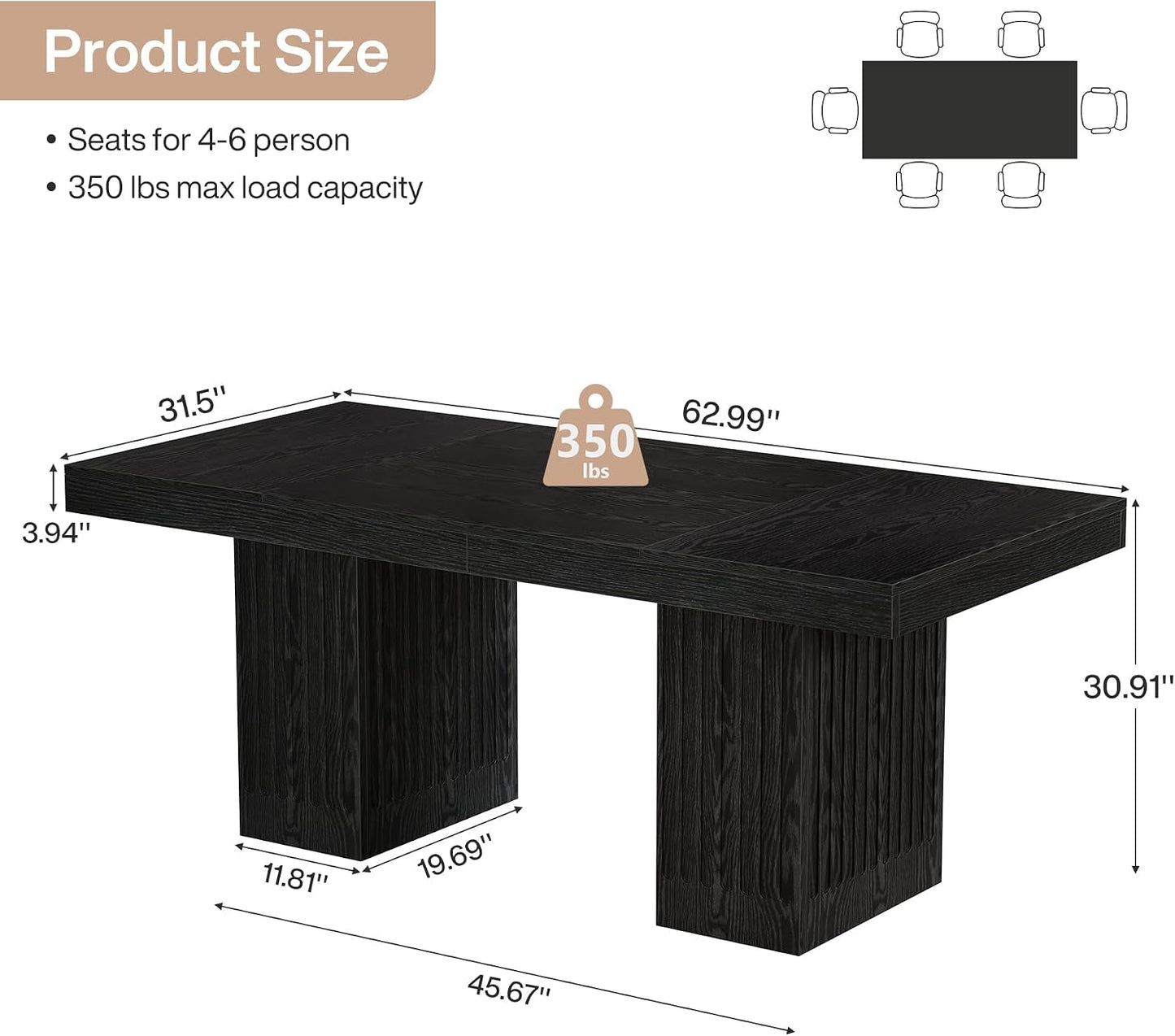 Tribesigns Black Rectangular Dining Table 63 Inches