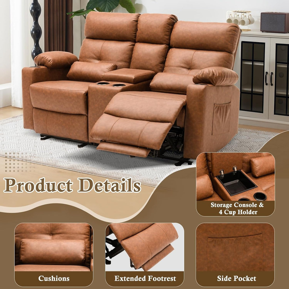 Power Recliner Loveseat With Console Yellowish Brown
