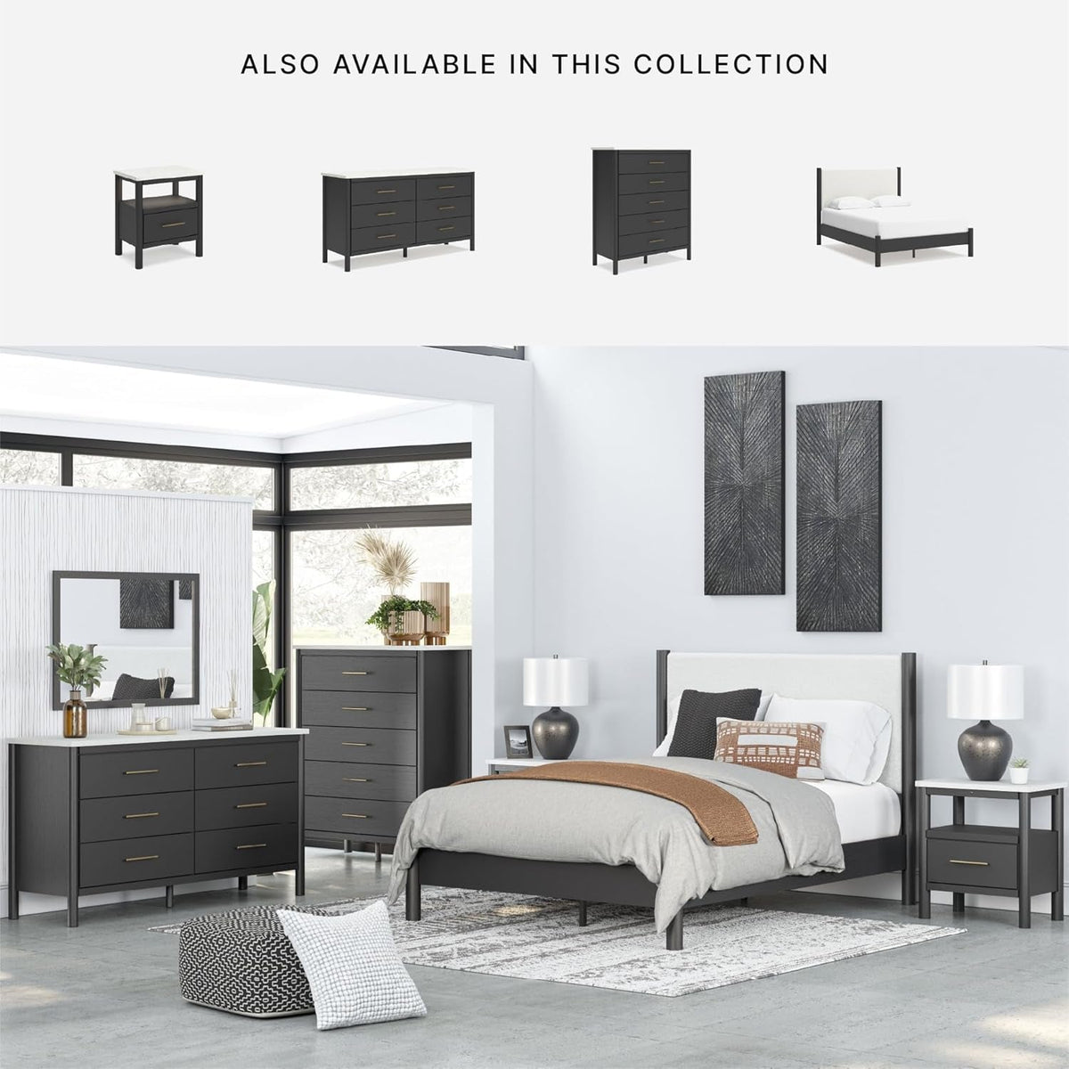 Queen Upholstered Platform Bed Matte Black Silhouette
