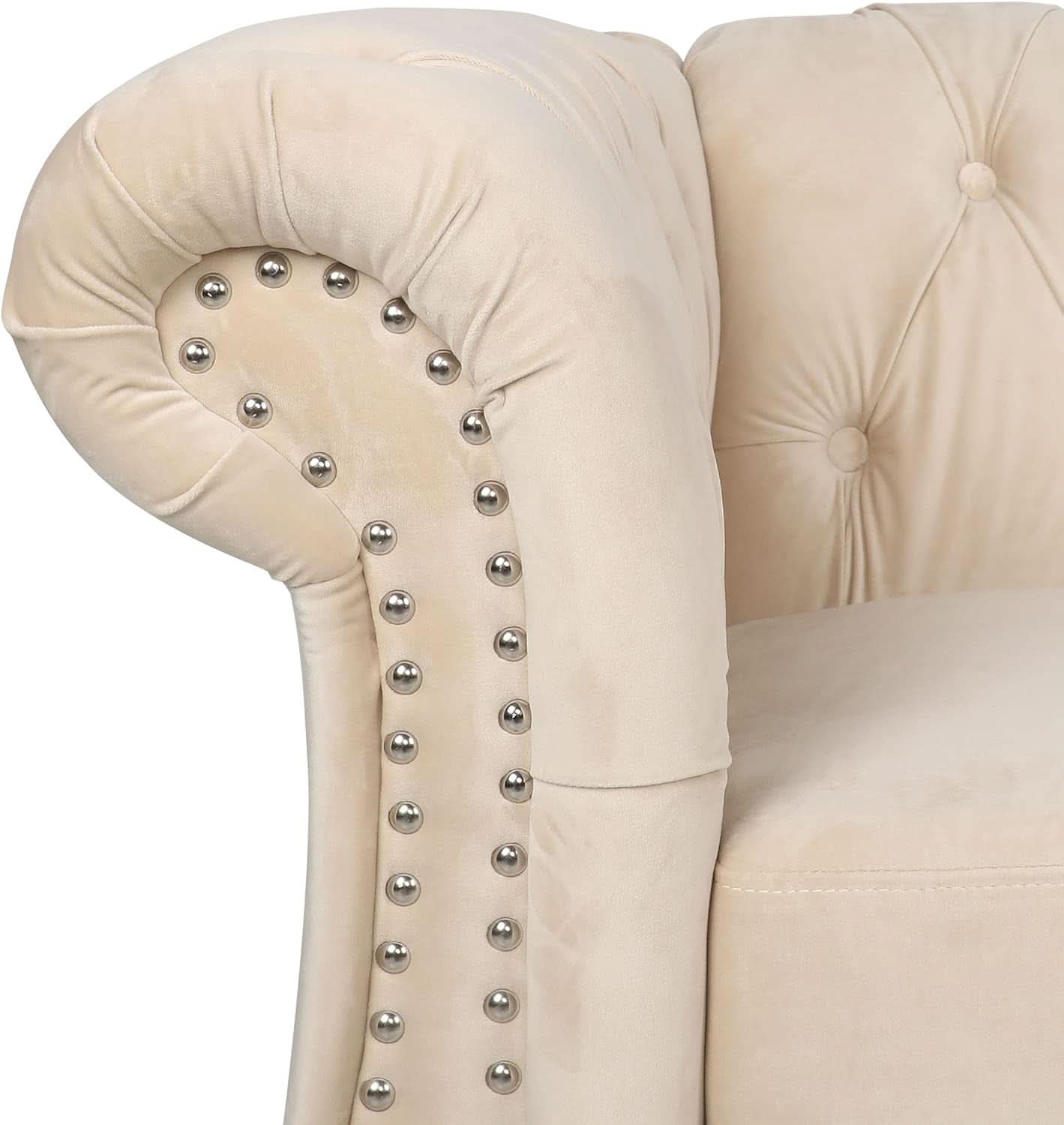 Three Piece Velvet Chesterfield Living Room Sofa Set Beige With Club Chair And Loveseat-4
