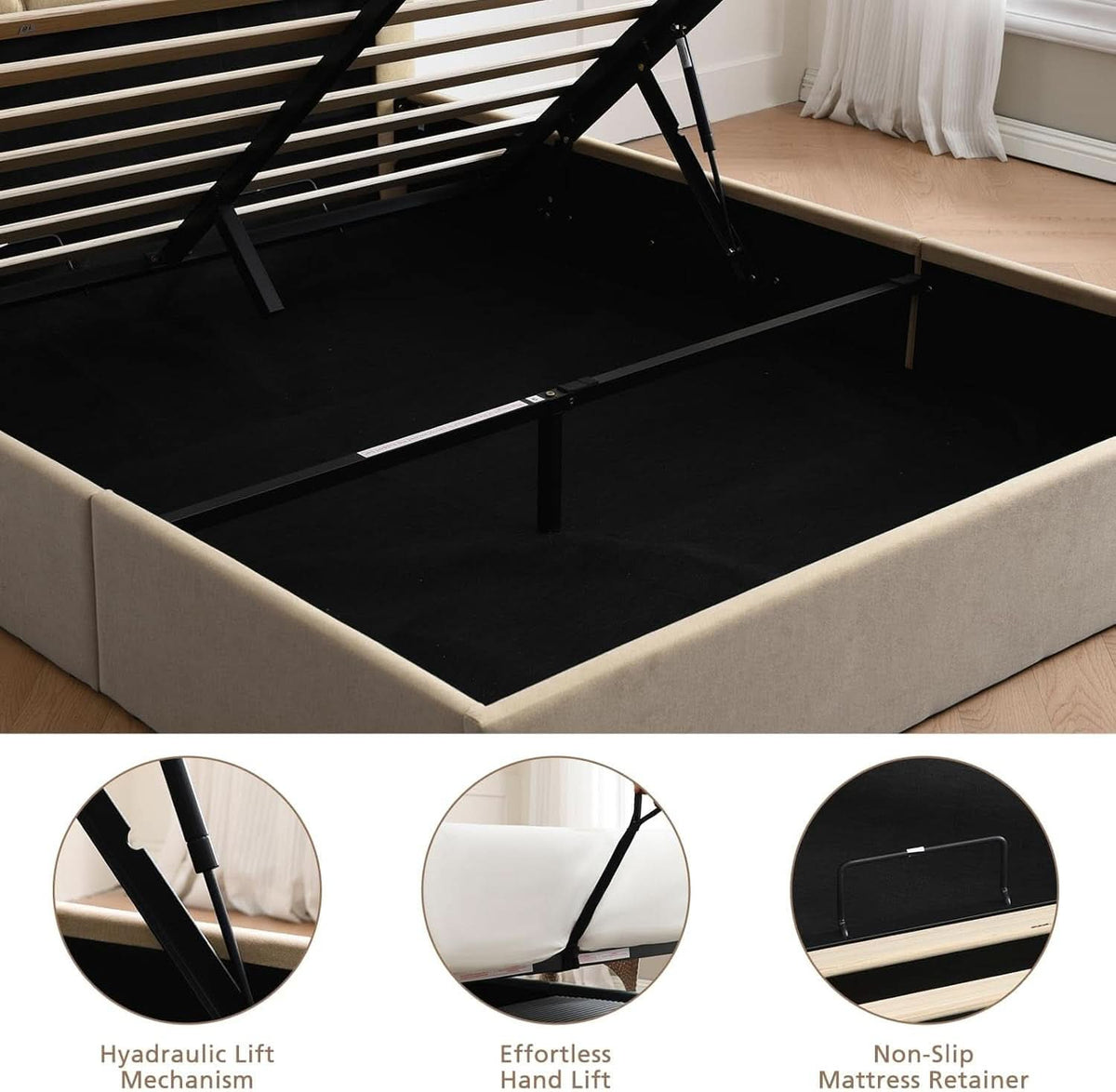 Queen Size Hydraulic Lift Storage Bed Beige Linen Upholstered