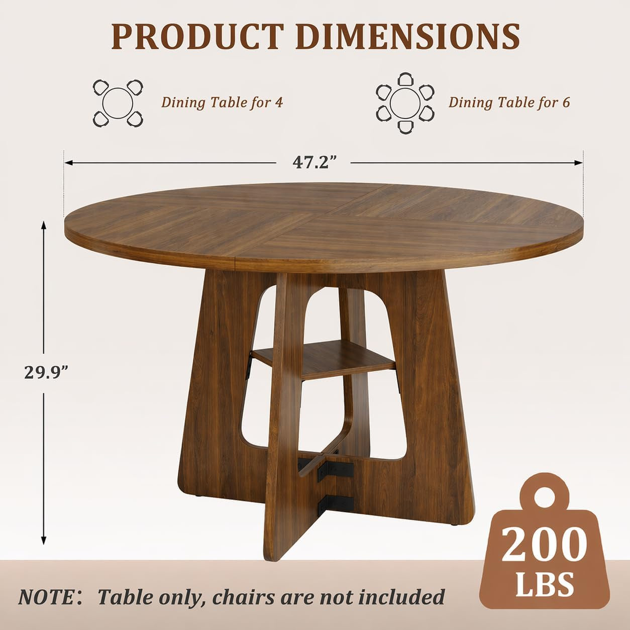 Contemporary Solid Wood 47 Inch Round Dining Table For Six