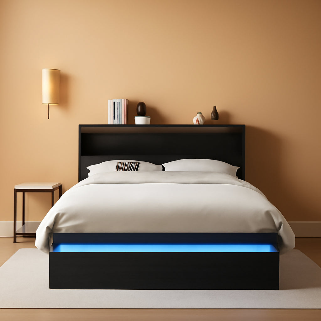 Queen Murphy Bed With Black Integrated Charging Stations Led Lighting