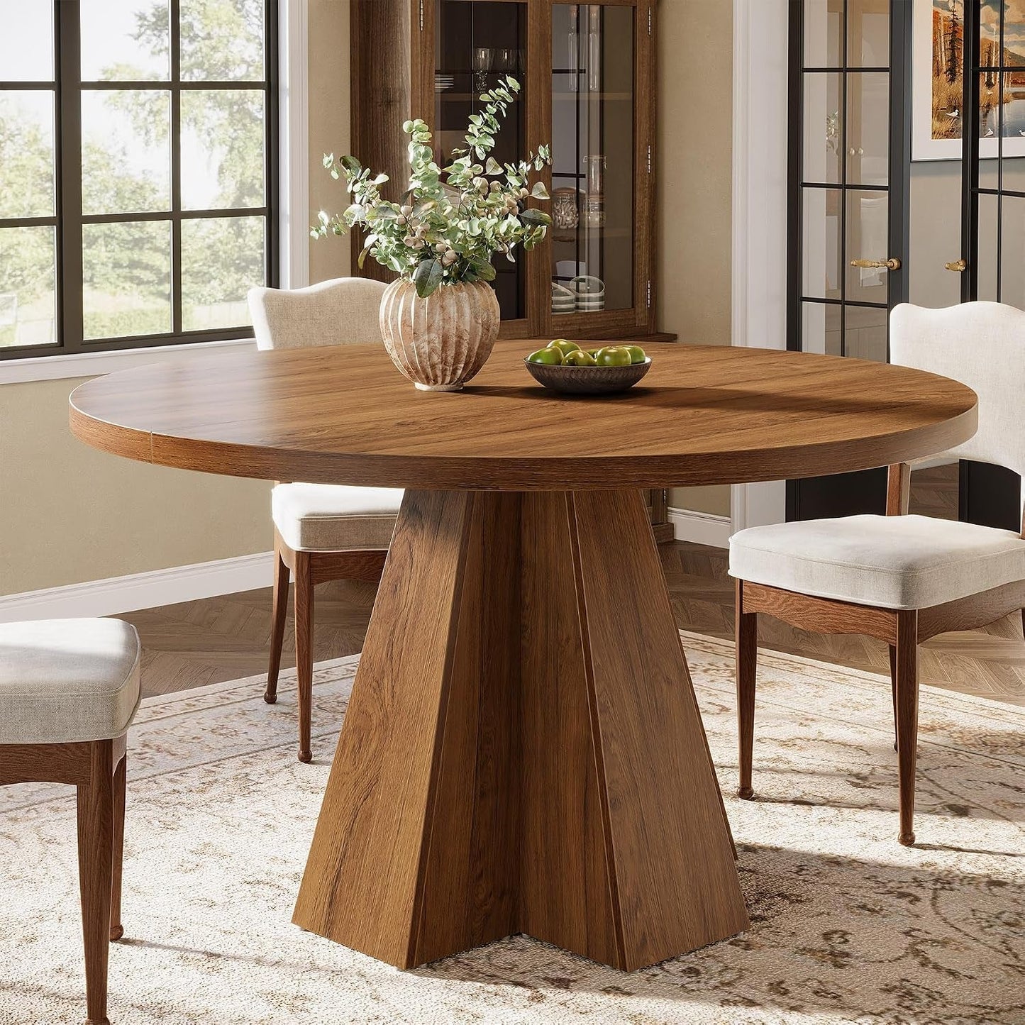 Tribesigns Large Round Dining Table Classic Walnut