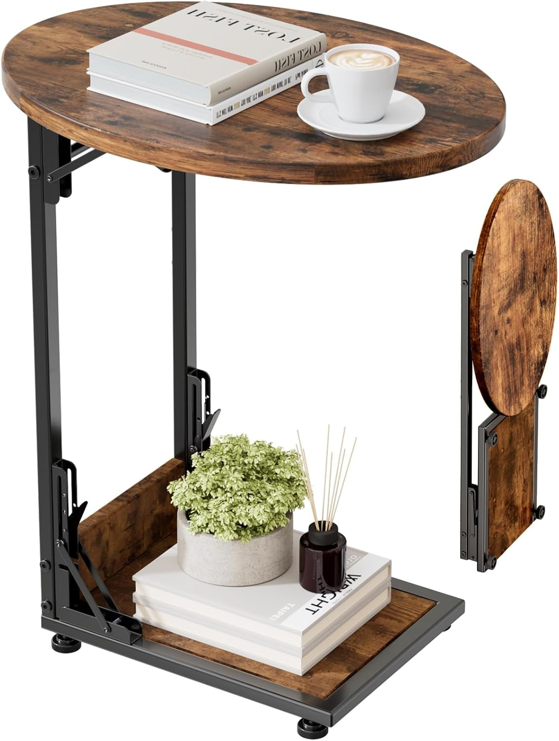 Folding C-Shaped End Table Authentic Walnut Finish
